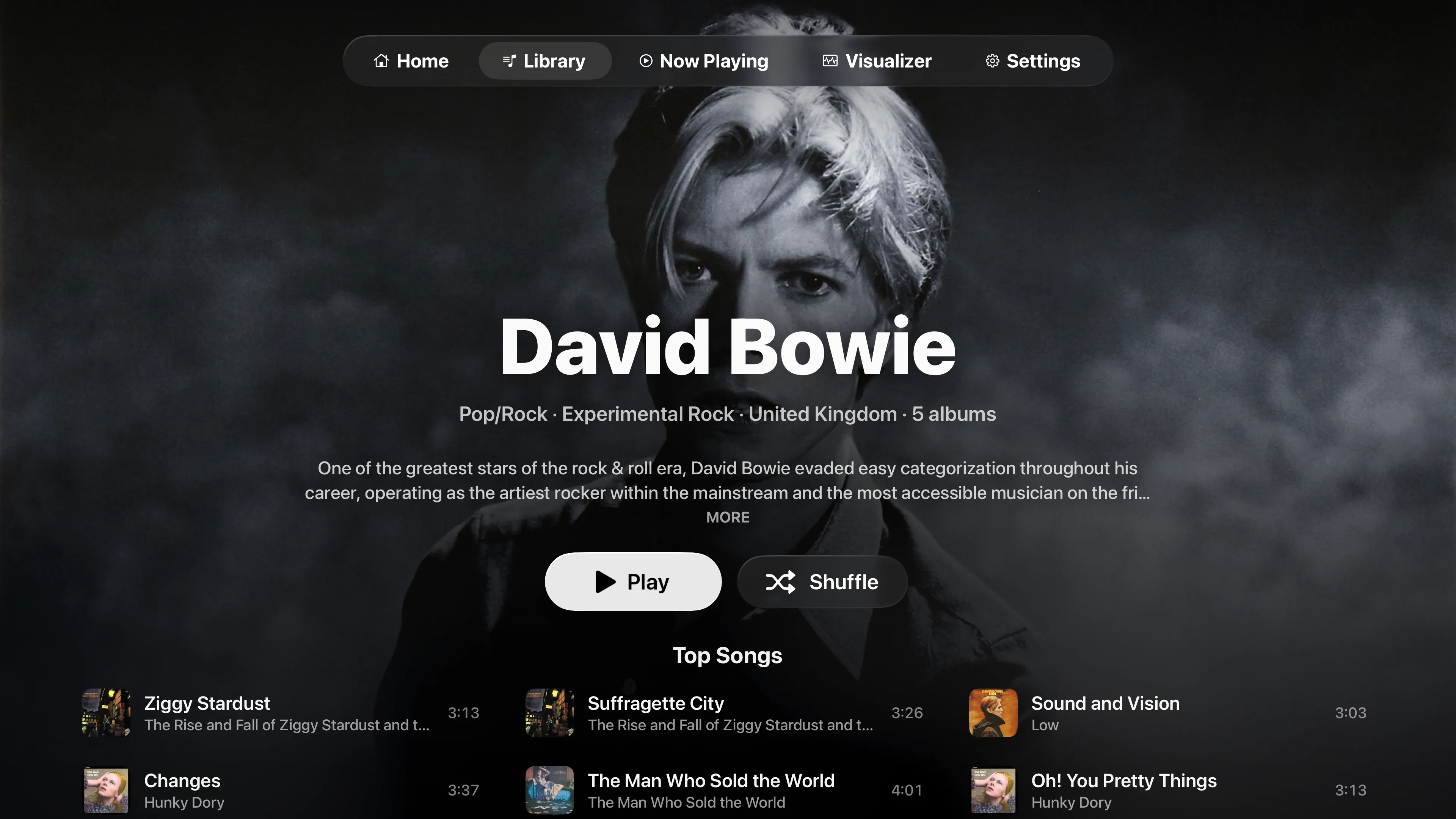David Bowie's artist page in Playris on Apple TV